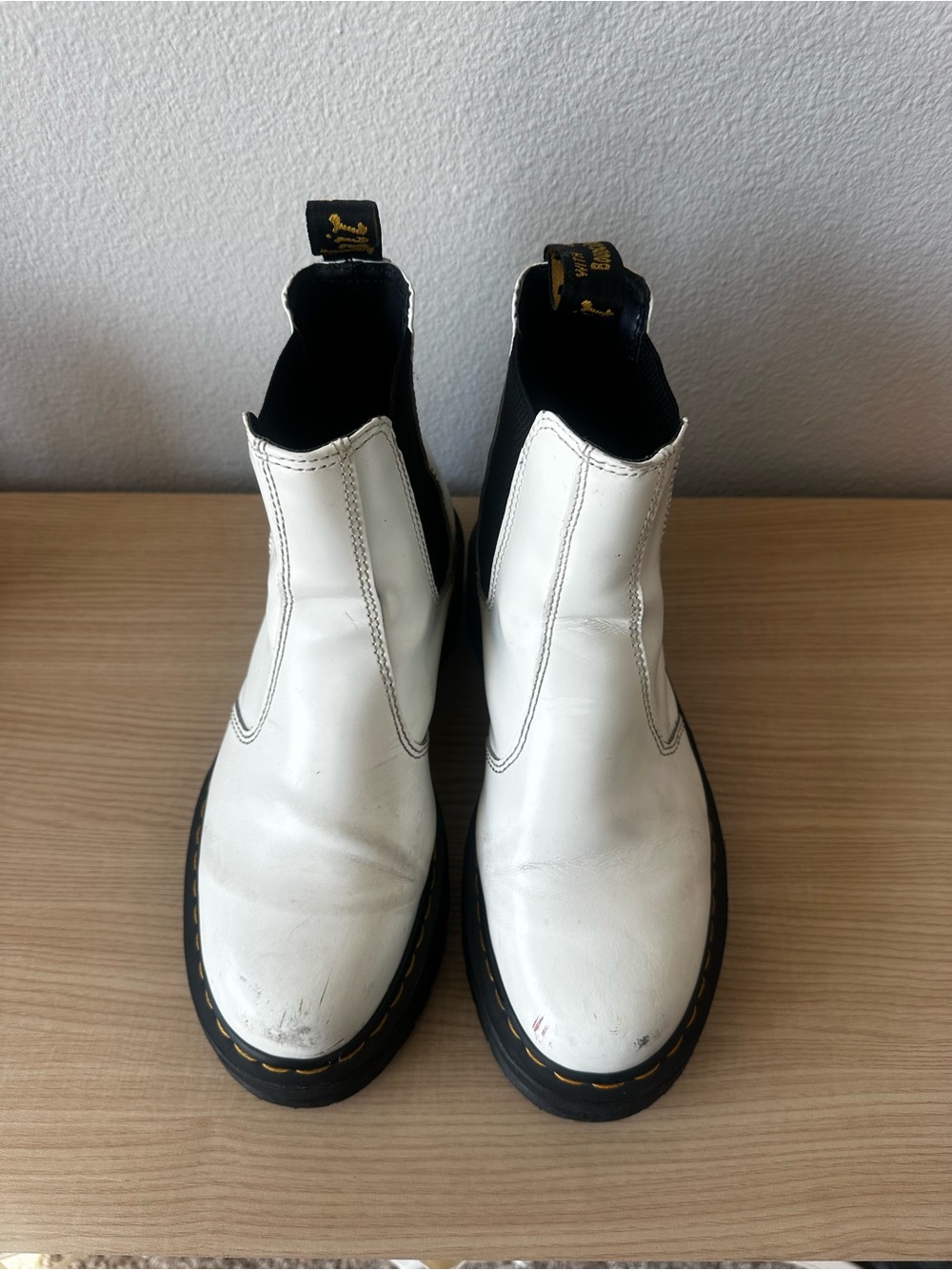 Dr. Martens White Leather Chelsea Boots with Black Elastic